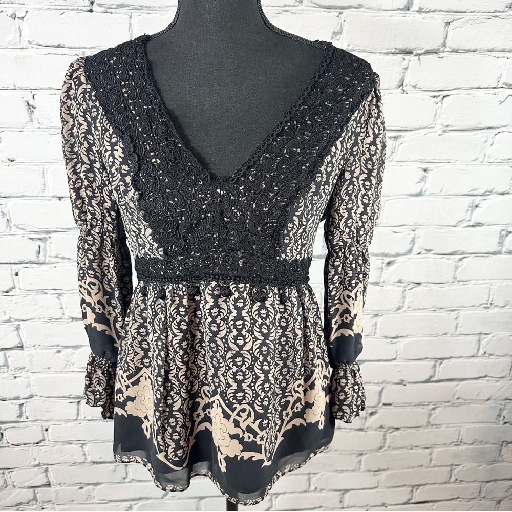 Vintage Nanette Lapore Silk Babydoll Lace Top Size 8 Brown Black Y2K Whimsygoth